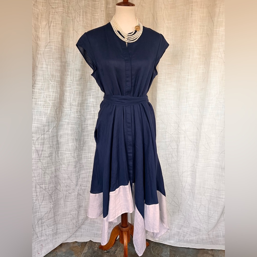 DKNY pure Asymmetrical Navy and White Linen Dress - Picture 6 of 14